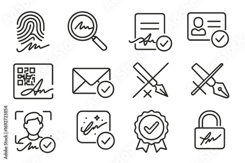 Signature Verification Icons. Line style icons of signature verifications: fingerprint with signature, magnifying glass over
