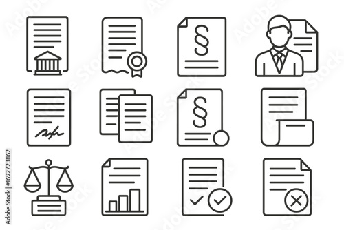 Legal Icons Collection. Line style icons of legal contracts: courtroom paper icon, notarized document, law clause form, lawyer