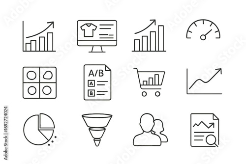 E-commerce Analytics Icons. Line style icons of e-commerce analytics: sales graph icon, product performance dashboard, revenue