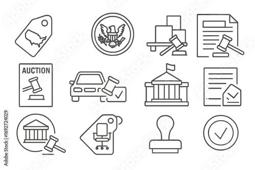 Government Auction Icons. Line style icons of government auctions: public property tag, official seal with gavel, surplus