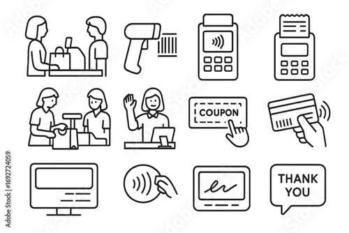 Retail Checkout Icons. Line style icons of retail checkout process: customer at register, barcode scanning moment, payment