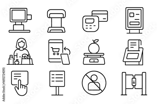 Self-Service Retail Icons. Line style icons of self-service retail: self-checkout screen, barcode scanner station, contactless