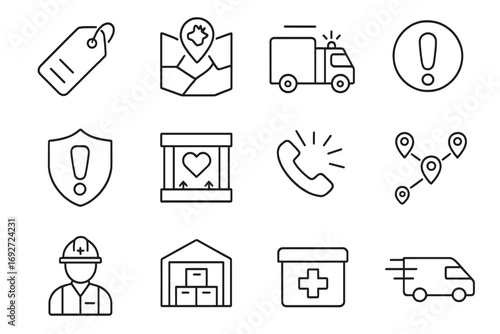 Emergency Logistics Icons. Line style icons of emergency logistics: urgent delivery tag, disaster response map, emergency truck