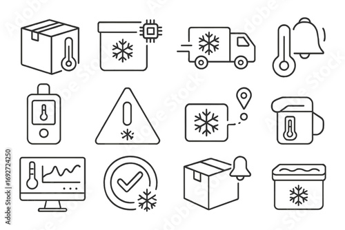 Cold Chain Icons. Line style icons of cold chain tracking: thermometer on package, cold box with tracking chip, refrigerated