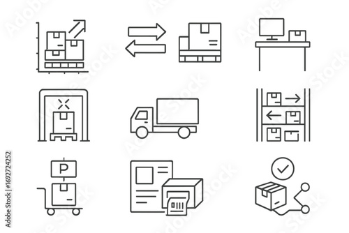 Warehouse Logistics Icons. Line style icons of warehouse logistics: pallet movement chart, inbound-outbound icon, packing station