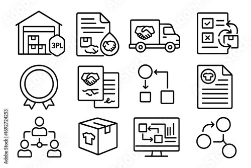 3PL Logistics Icons. Line style icons of third-party logistics (3PL): warehouse with 3PL tag, outsourced shipping contract,