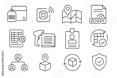 Asset Tracking Icons. Line style icons of asset tracking: barcode tag on asset, RFID chip icon, asset location map, equipment