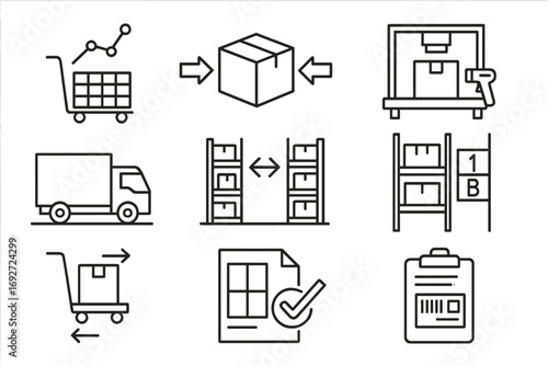 Warehouse Logistics Icons. Line style icons of warehouse logistics: pallet movement chart, inbound-outbound icon, packing station