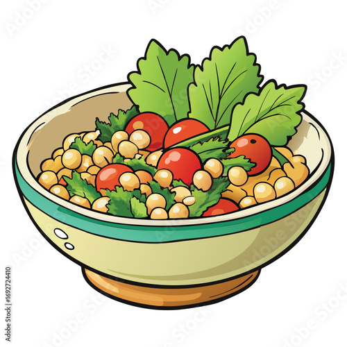 Cartoon illustration of a bowl of mixed salad with chickpeas. tomatoes. and herbs