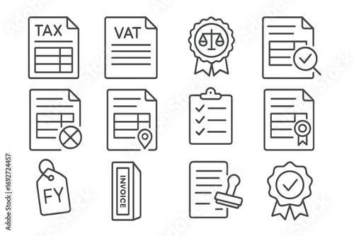 Tax Compliance Icons. Line style icons of tax and compliance in invoices: invoice with tax field, VAT number on document, legal
