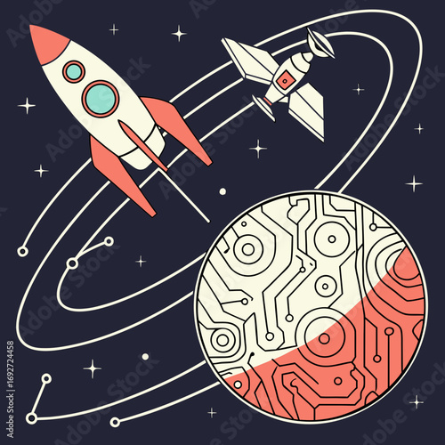 Retro space adventure with rocket and planet