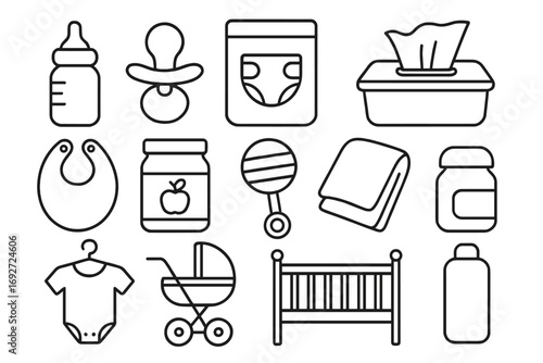 Baby Supplies Icons. Line style icons of baby supplies: baby bottle icon, pacifier, diaper pack, baby wipes container; bib with