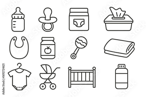 Baby Supplies Icons. Line style icons of baby supplies: baby bottle icon, pacifier, diaper pack, baby wipes container; bib with