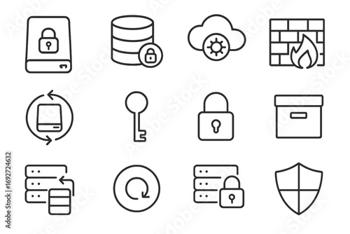 Data Security Icons. Line style icons of data protection & storage: encrypted drive, secure database, cloud vault, firewall; data