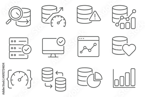 Database Monitoring Icons. Line style icons of database performance & monitoring: query speed, db load, error log, data graph;