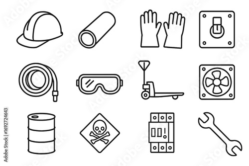 Industrial Supply Icons. Line style icons of industrial supplies: safety helmet, steel pipe icon, welding gloves, control panel