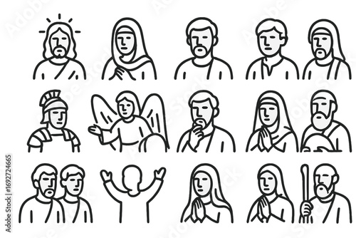 Easter Line Icons. Line style icons of biblical Easter characters: Jesus, Mary Magdalene, Peter, John; Roman soldier, angel at