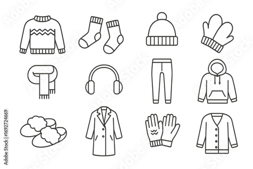 Winter Clothing Icons. Line style icons of cozy winter clothing: sweater, wool socks, beanie, mittens; scarf, earmuffs, thermal