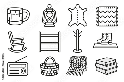 Cabin Lifestyle Icons. Line style icons of cabin lifestyle items: wooden mug, rustic lantern, animal pelt, wool rug; rocking chair