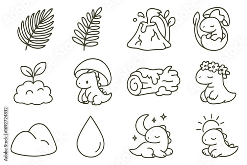 Prehistoric Nature Icons. Line style icons of prehistoric nature with dinos: palm leaf, fern, lava rock, baby dino in tree; sprout