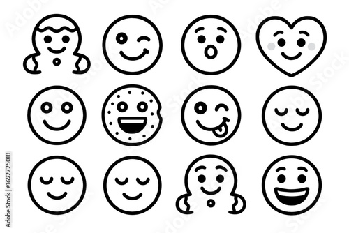Cookie Face Icons. Line style icons of smiling cookie faces: happy gingerbread, winking cookie, surprised snowman, blushing heart;