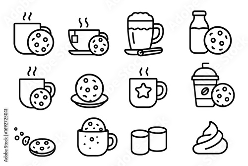 Winter Cookies Delight. Line style icons of cookies with winter drinks: cookie with cocoa, cookie with tea, cookie with latte,