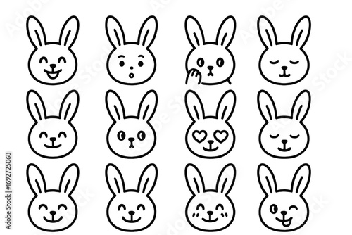 Bunny Emotions Icons. Line style icons of bunny emotions and moods: happy bunny, surprised bunny, shy bunny, sleepy bunny; excited