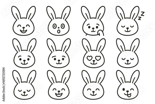 Bunny Emotions Icons. Line style icons of bunny emotions and moods: happy bunny, surprised bunny, shy bunny, sleepy bunny; excited