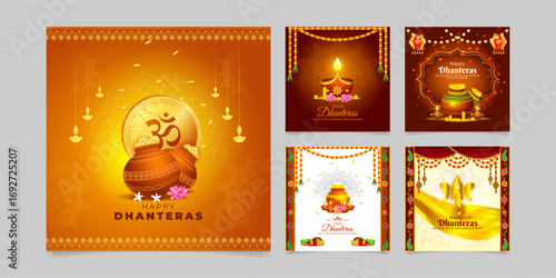 Vector illustration of Happy Dhanteras social media feed templates set of five
