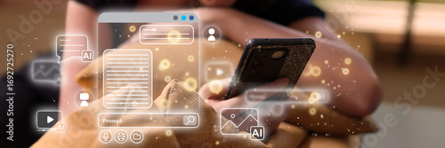 Bild auf Leinwand Adult user interacting generative artificial intelligence application smartphone