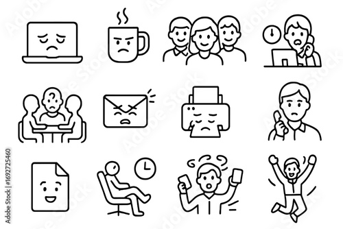 Workplace Emoticon Icons. Line style icons of workplace emoticons: laptop tired, coffee focus, team smile, deadline panic; meeting