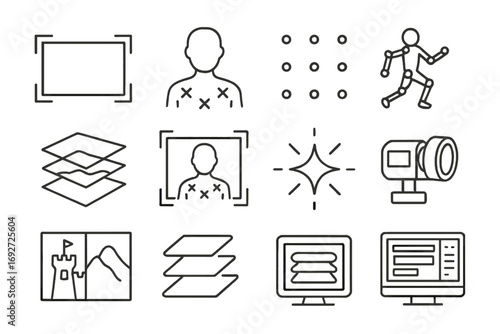 VFX Line Icons. Line style icons of green screen and VFX: green screen frame, actor with markers, tracking dots, motion capture