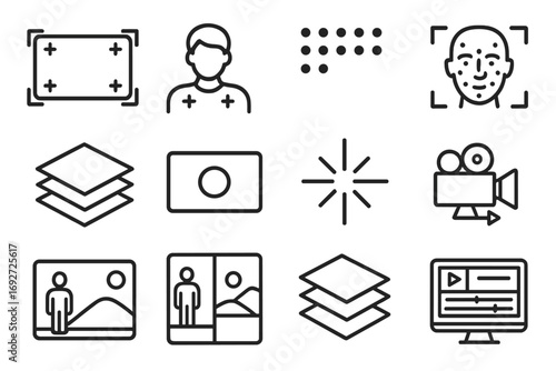VFX Line Icons. Line style icons of green screen and VFX: green screen frame, actor with markers, tracking dots, motion capture
