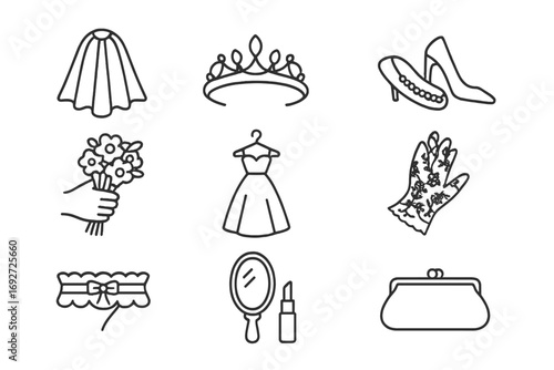 Bridal Accessories Icons. Line style icons of bridal accessories: veil, tiara, bridal shoes, pearl necklace; bouquet in hand,