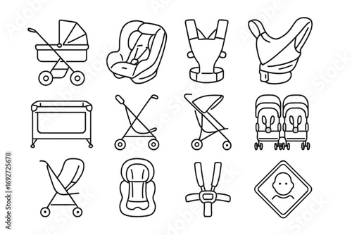 Baby Transport Icons. Line style icons of baby transportation: stroller, car seat, baby carrier, sling wrap; travel crib, foldable