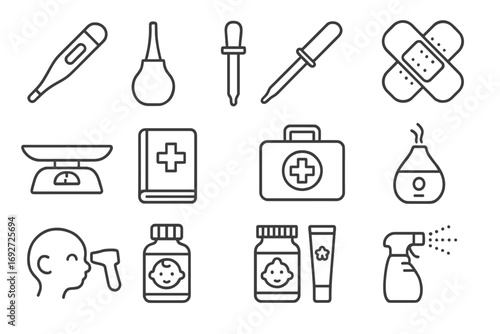 Baby Health Icons. Line style icons of baby health tools: thermometer, nasal aspirator, medicine dropper, bandage icon; baby scale