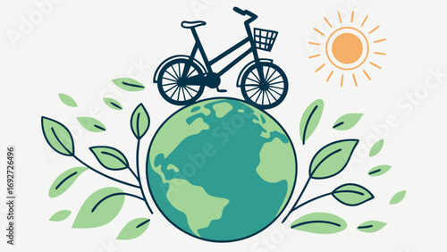 Bicycle on earth with leaves and sun