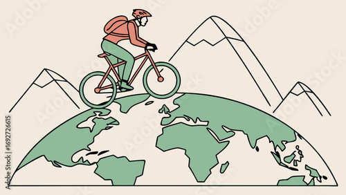 Cyclist riding a bicycle on top of the world with mountains in the background