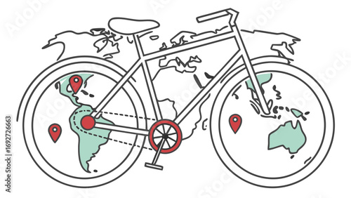 Bicycle with world map and travel destinations