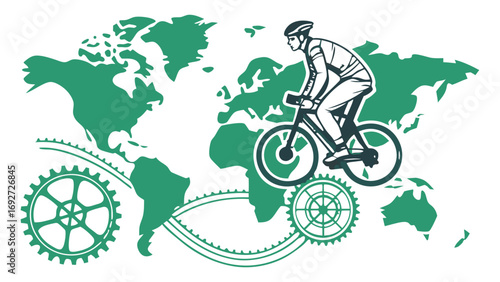 Cyclist on world map with gears, a graphic illustration of global cycling