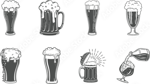 Collection of eight distinct overflowing beer glasses with foamy tops isolated on vector
