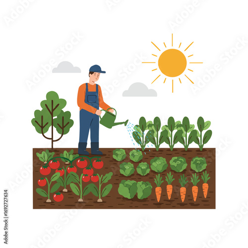 A cheerful gardener waters a thriving vegetable patch with rows of tomatoes, lettuce, and carrots under a warm sun, rendered in a simplified flat 2D vector illustration.