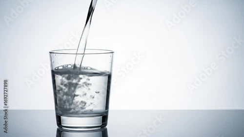 A clear glass of water being poured on a reflective surface with a gradient background.