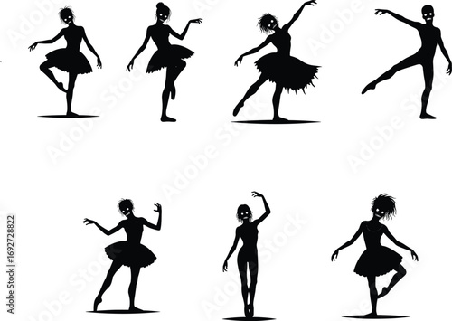 Silhouettes of ballerinas and dancers in various poses, elegant ballet movements, expressive dance art, isolated on white background, graceful female figures