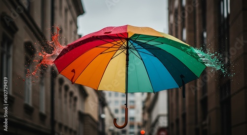 Rainbow umbrella in the city street.