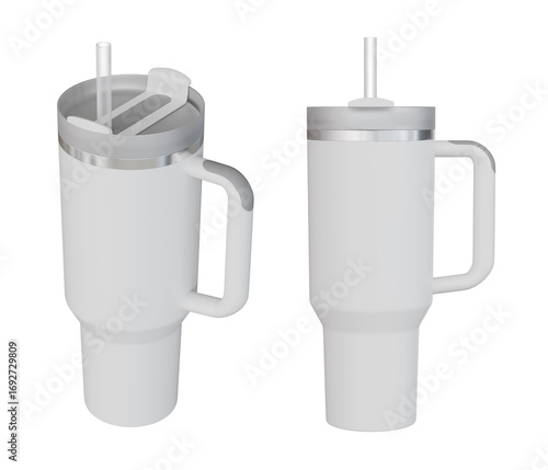 White Tumbler with Handle and Straw, in two views, Cup Holder Compatible for Travel, Insulated Stainless Steel Cup, Isolated on Transparent Background