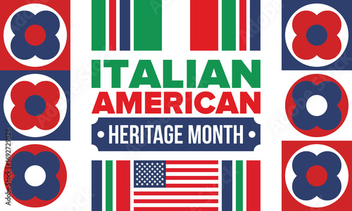 Italian American Heritage Month. Happy holiday celebrate annual in October. Italy and United States flag. Culture month. Patriotic design. Poster, card, banner, template. Vector illustration