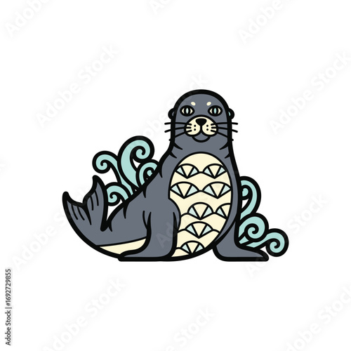Cute Seal Illustration with Ocean Waves.