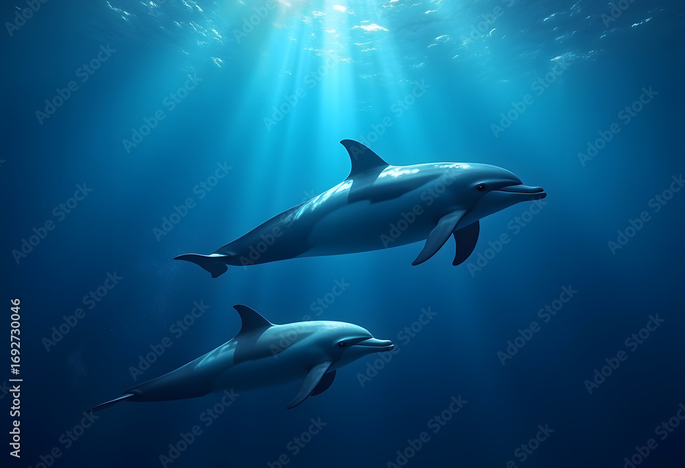 Fototapeta premium Swimming Dolphins Under Sunlight - Ocean Life Photography