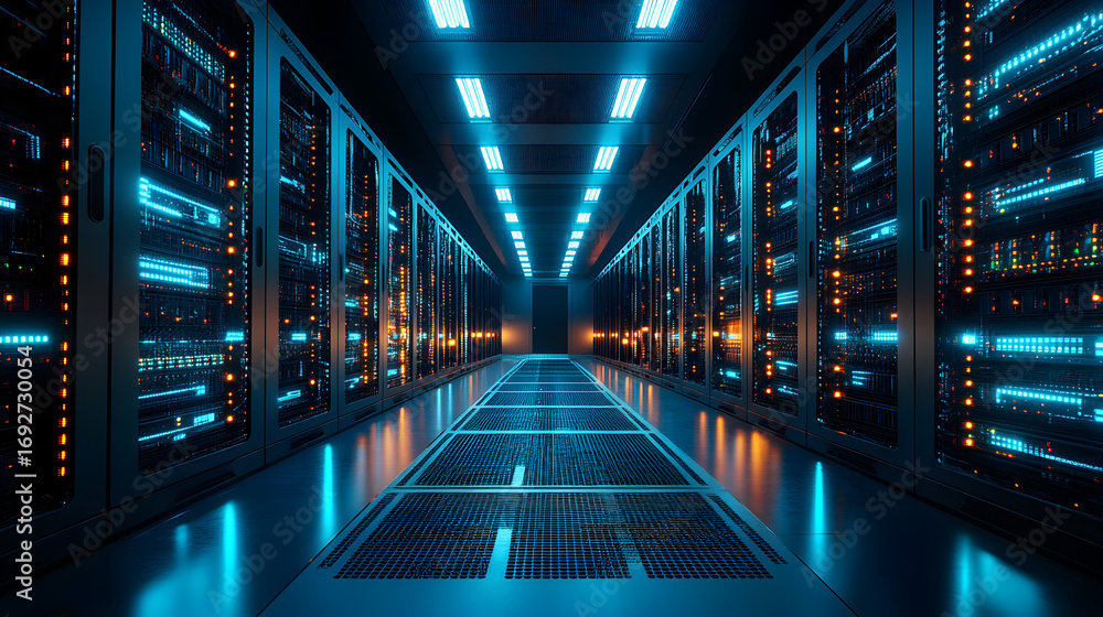 Fototapeta premium Modern Data Technology Center Server Racks in Dark